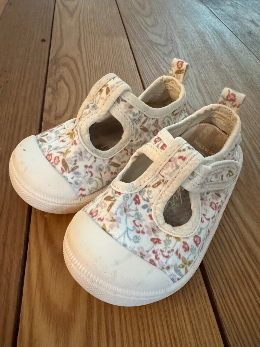 Baby Floral Canvas Mary Janes in White with Pink & Blue Accents